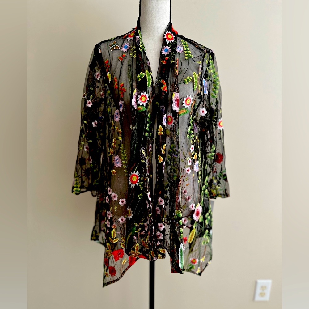 Floral Embroidered Sheer Black Wrap